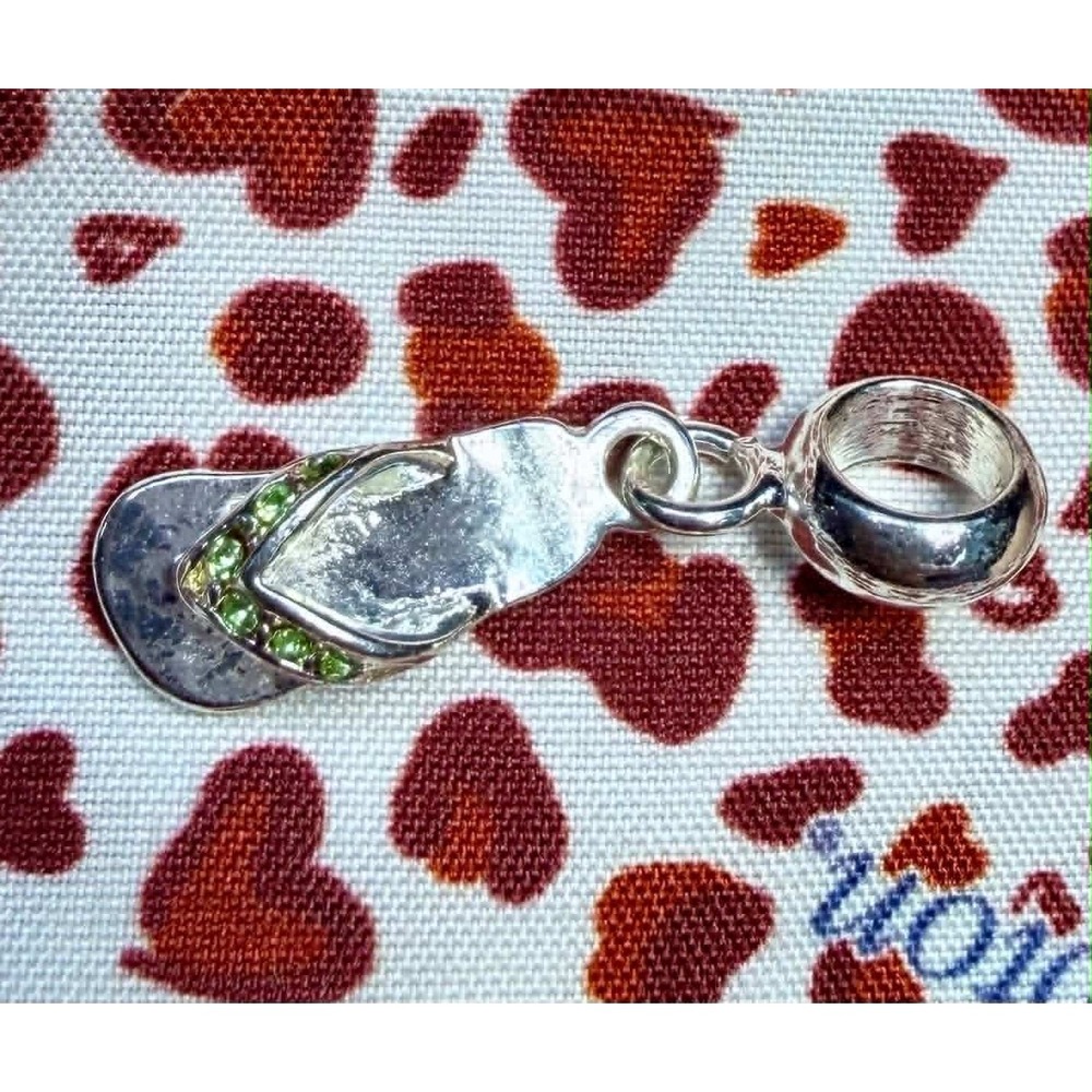 Sterling Silver 925 Flip Flop Dangle Charm Green Crystal Beach Sandal Slider
